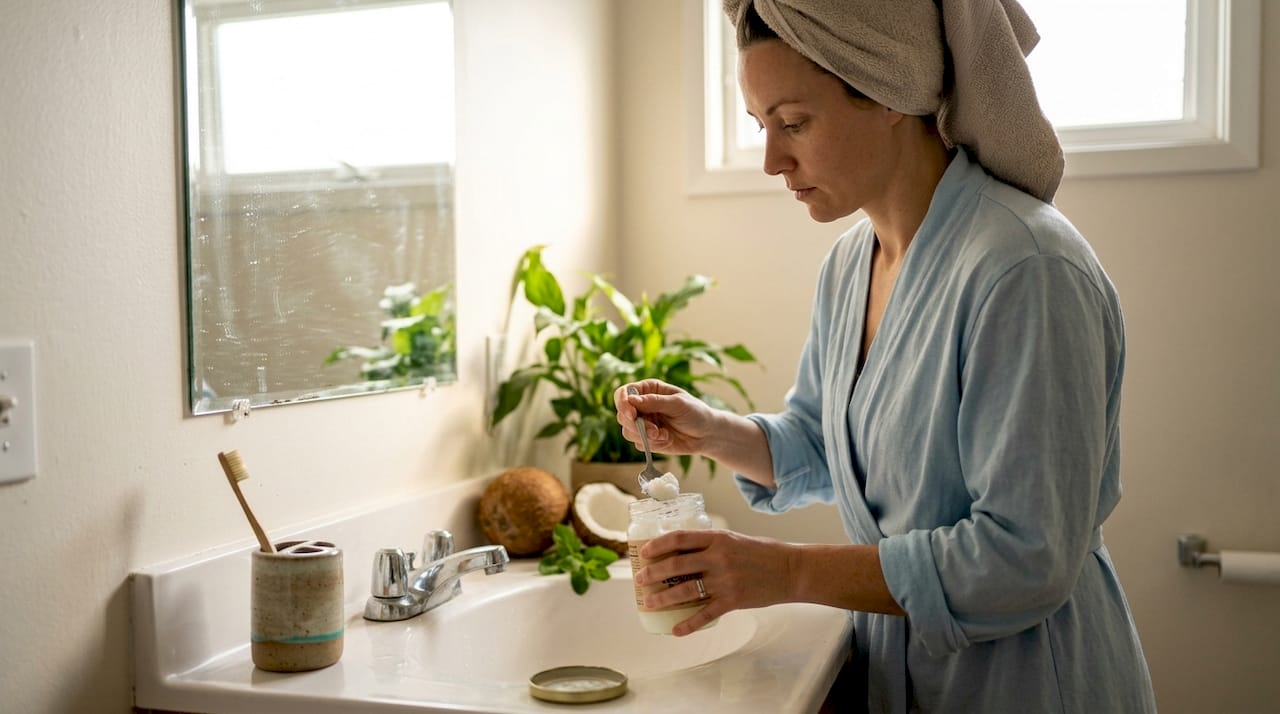 Woman prepares coconut oil for oral care
