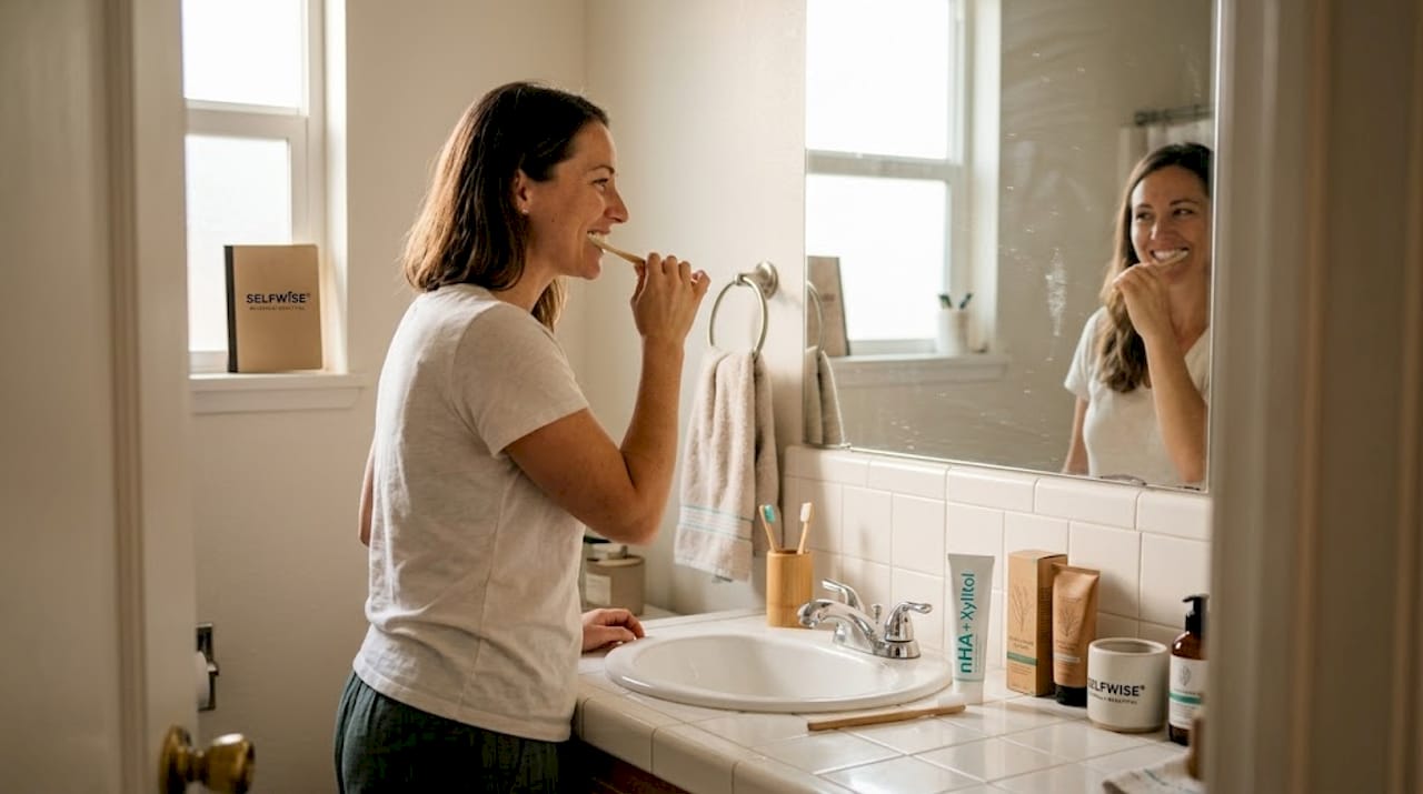 Woman brushing teeth during morning dental routine