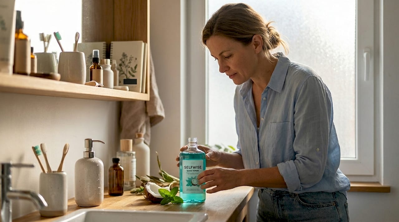 Woman examines gum health oral care products