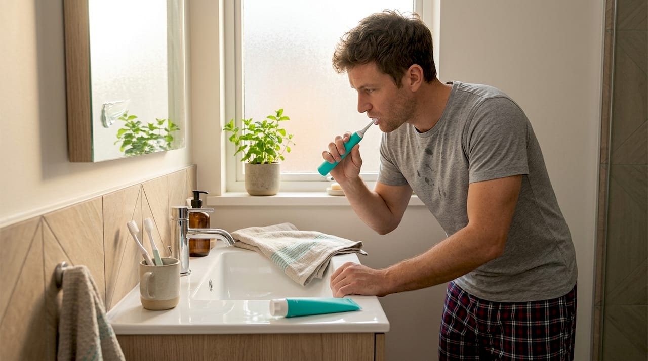 Man using electric toothbrush flosser at home sink