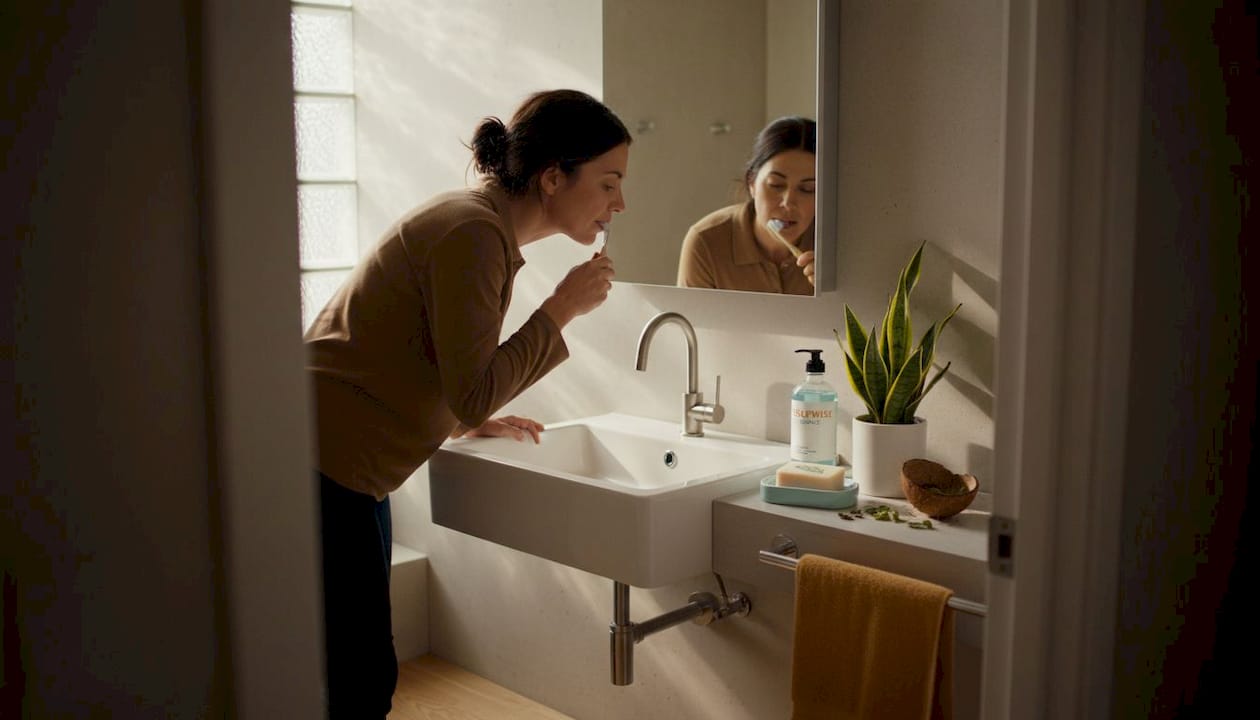 Person brushing teeth in sunlit bathroom