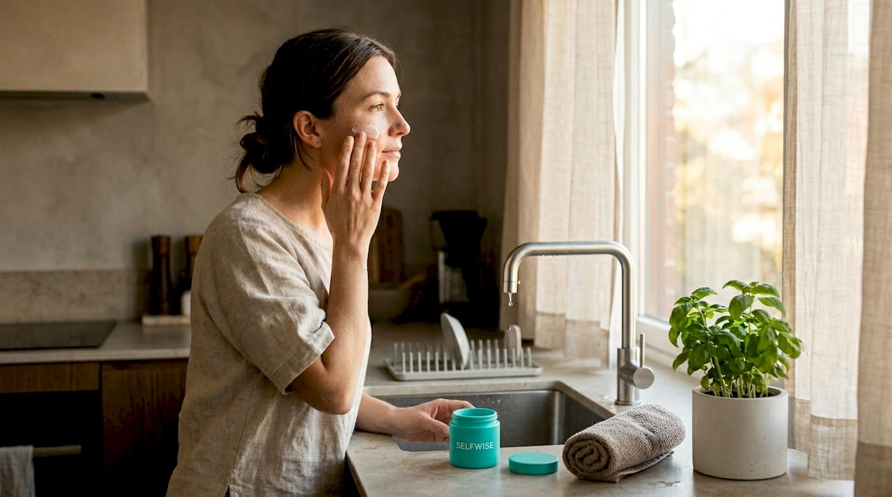 Woman applies natural moisturizer at home sink