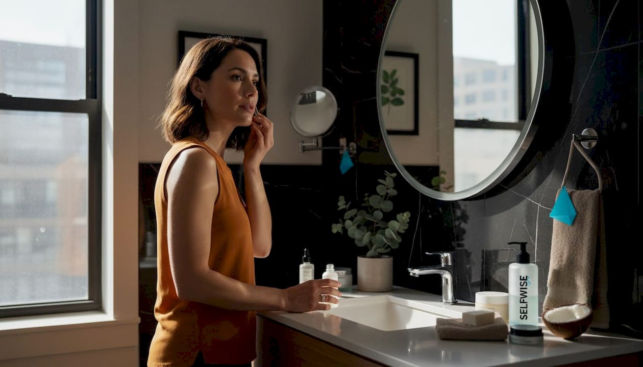 Woman applies serum in city apartment bathroom