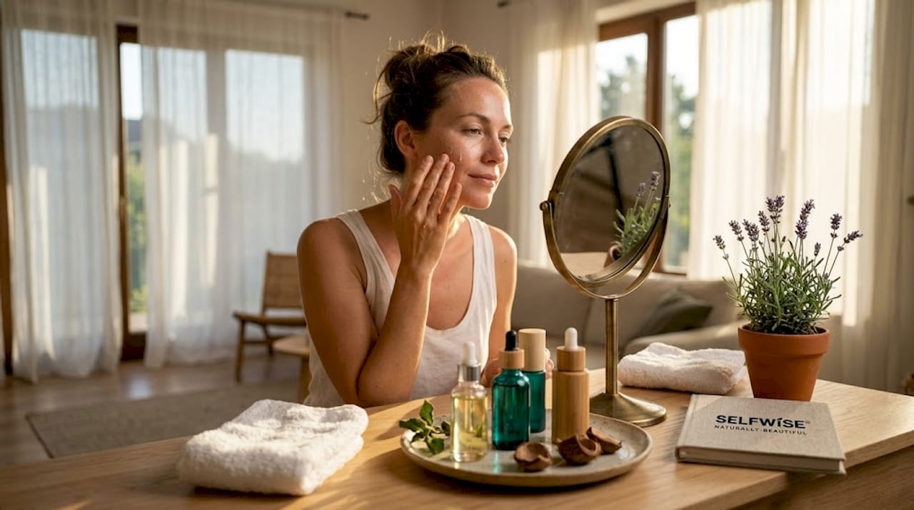 Woman applying facial oil at home vanity