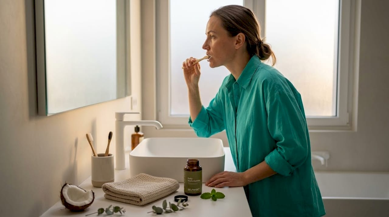 Woman brushing teeth with multivitamins nearby