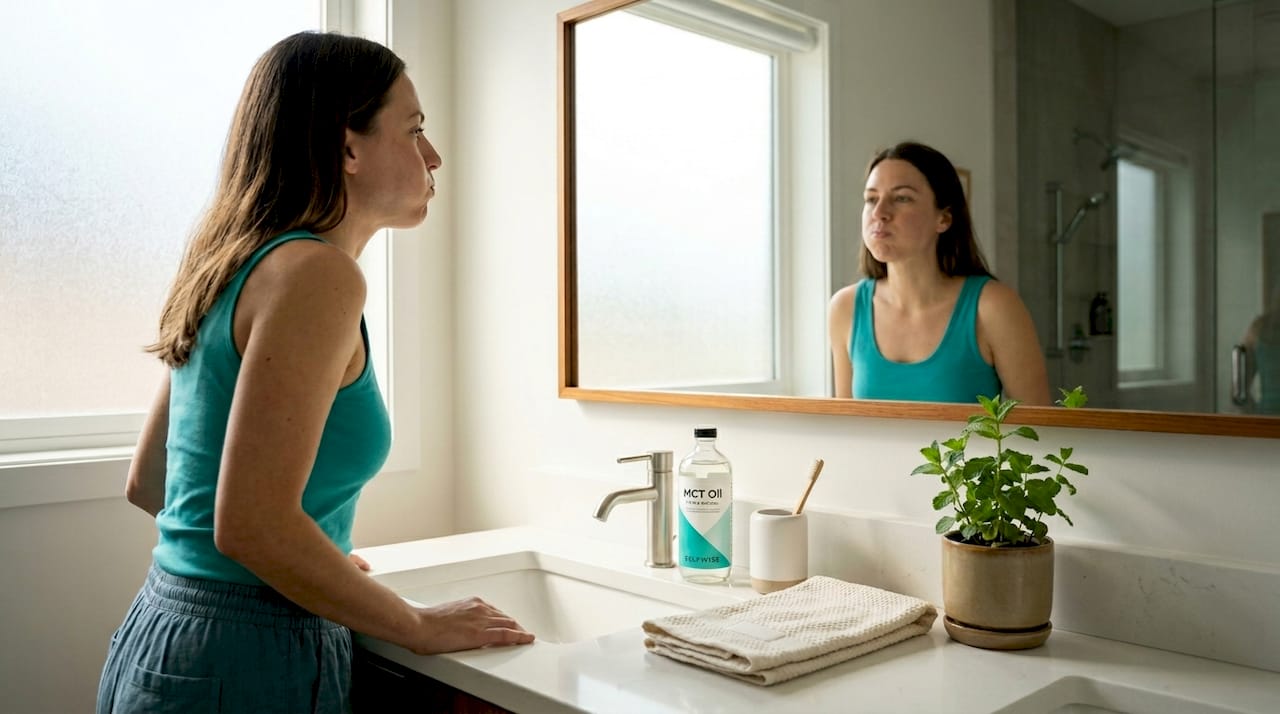 Woman swishing oil for oral care routine