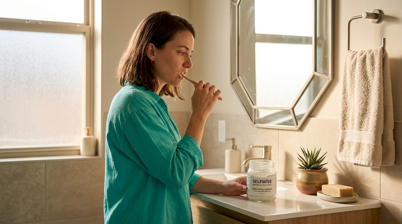 Woman using bamboo toothbrush at bathroom counter