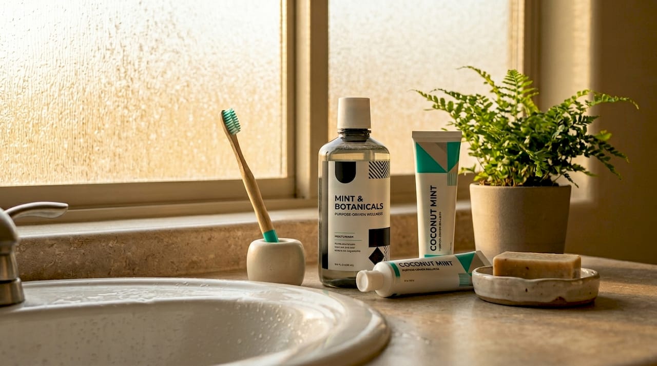 Oral care products arranged on bathroom counter