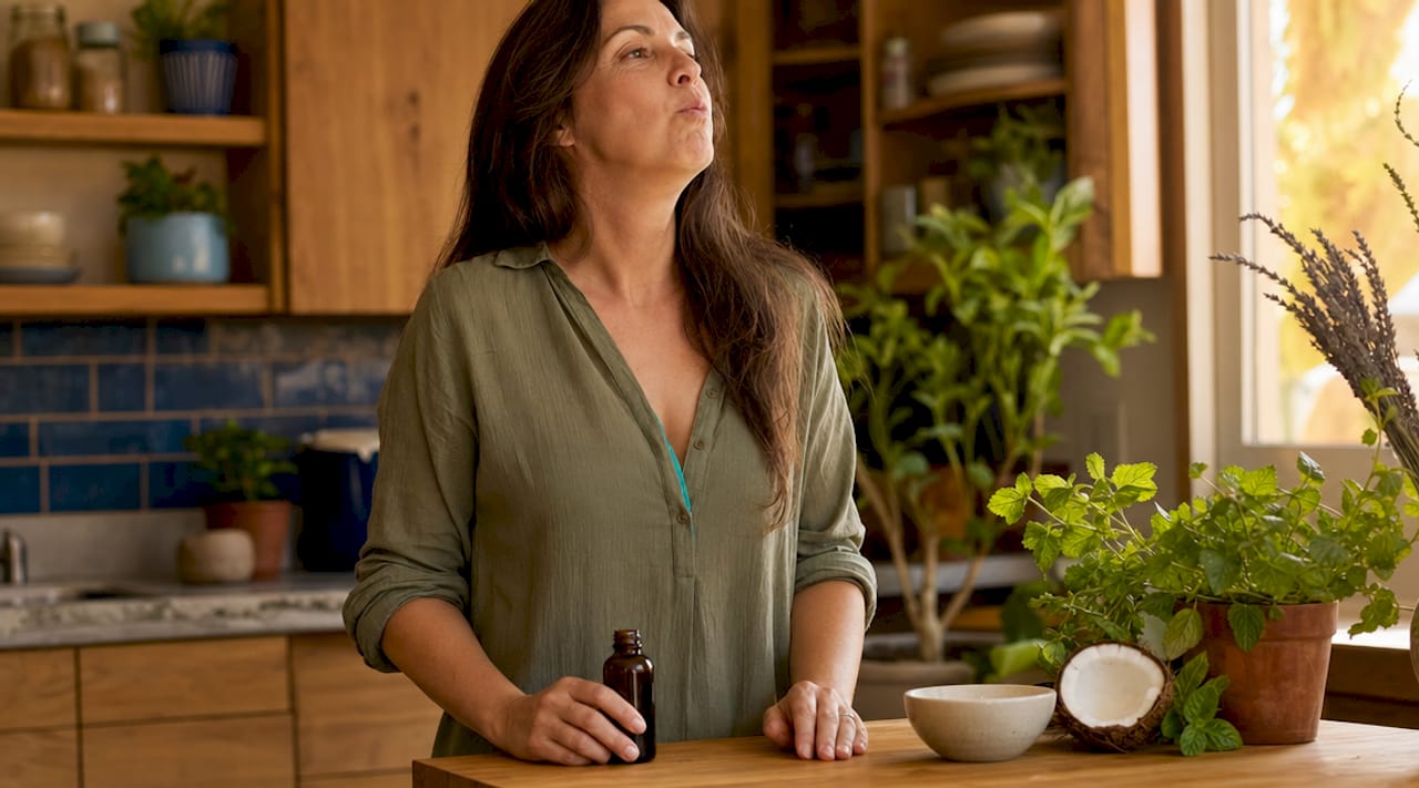 Woman using castor oil oral rinse in bathroom