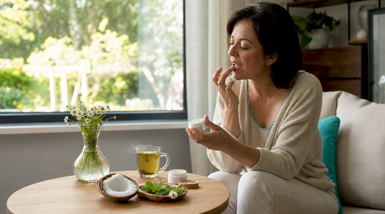 Woman applying soothing oral gel indoors