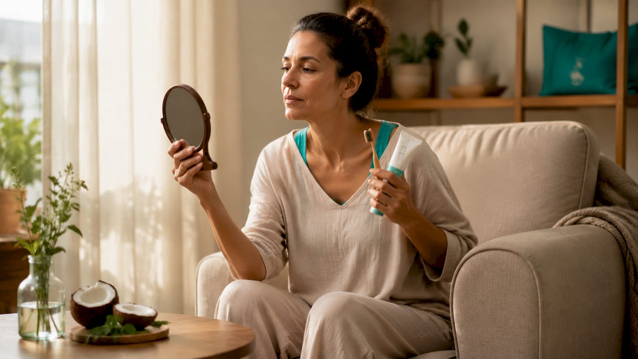 Woman preparing natural oral care routine in bathroom