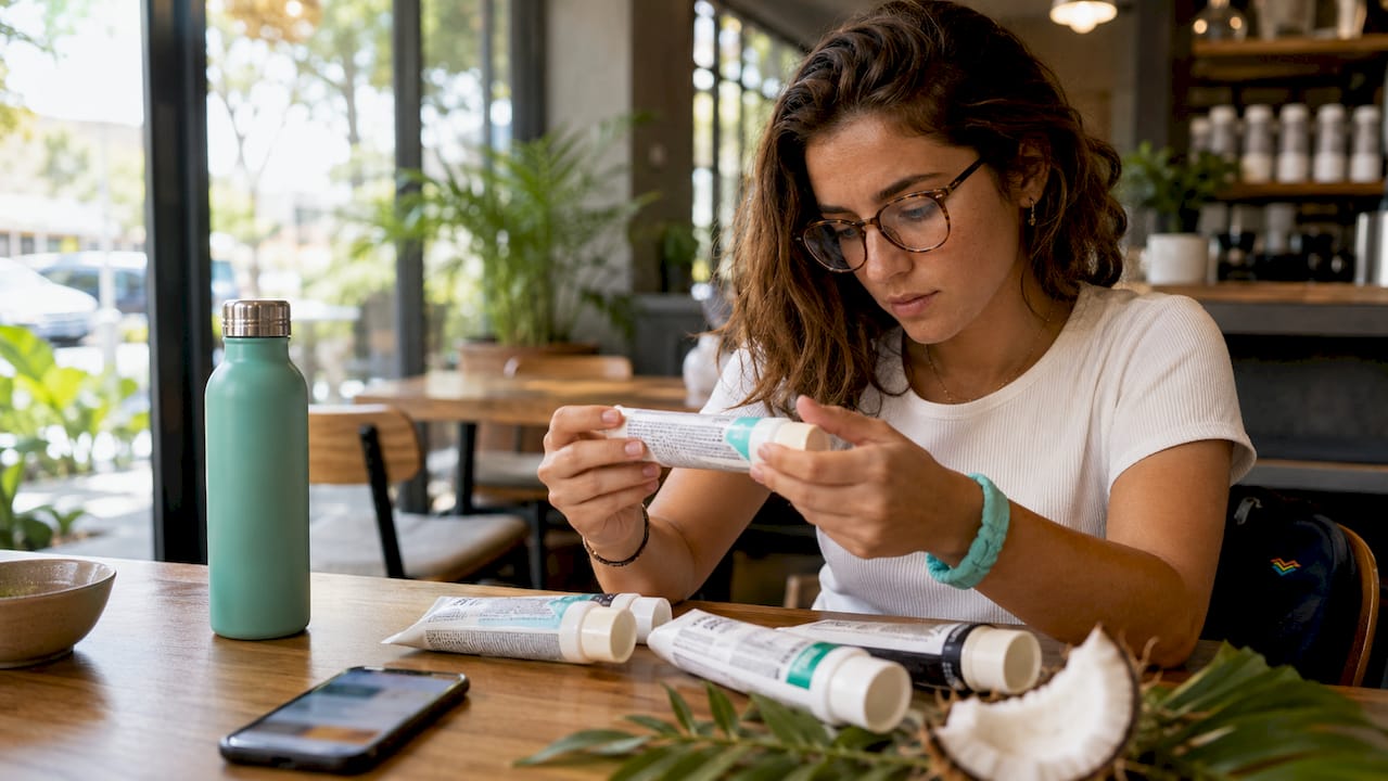 Woman reading toothpaste ingredients at kitchen table
