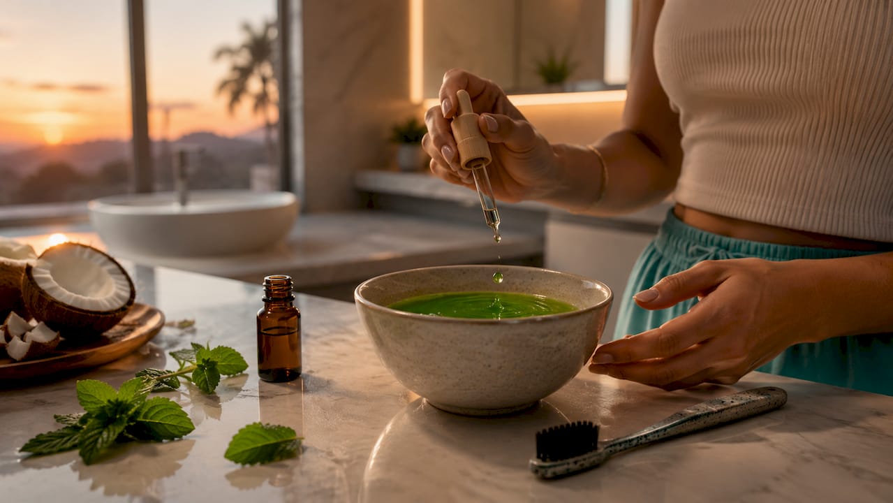 Glass bowl with tea tree oil drops and toothbrush