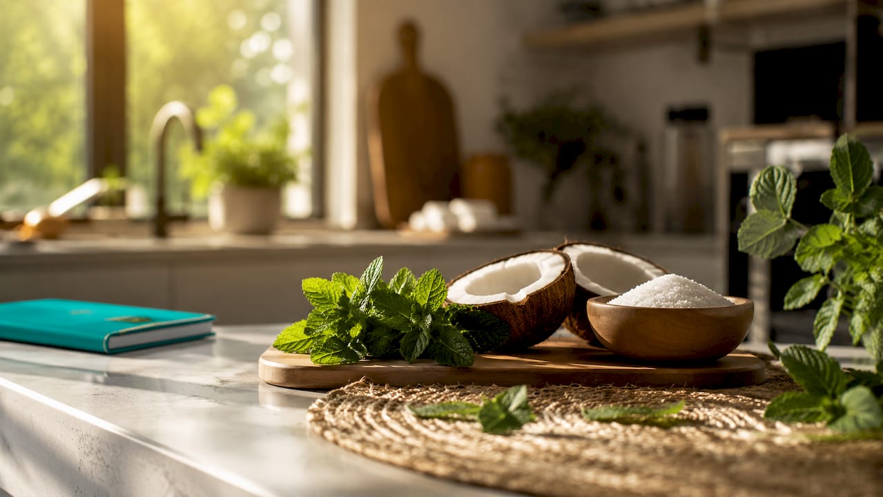 Natural ingredients for oral health on wooden table