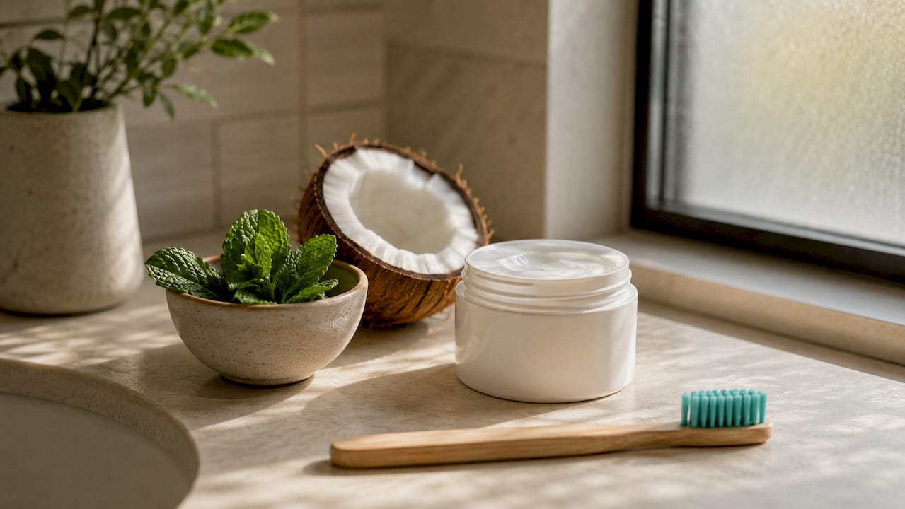 Natural oral care ingredients and toothbrush on kitchen counter