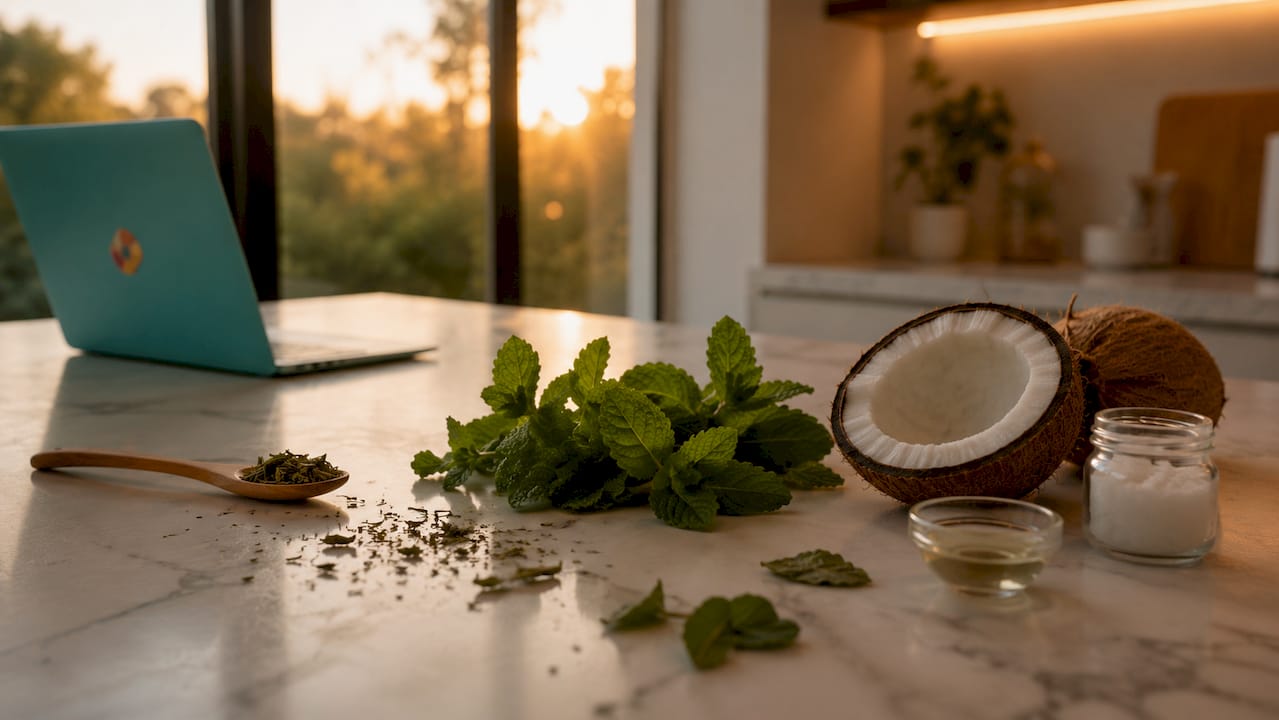 Natural fresh breath ingredients on rustic wooden table