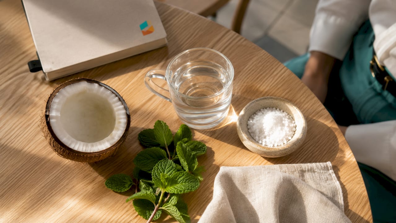 Glass cup with saltwater and fresh mint on rustic countertop