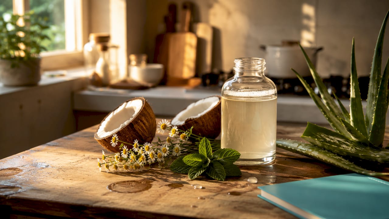 Glass jar with natural oral rinse and fresh botanical ingredients