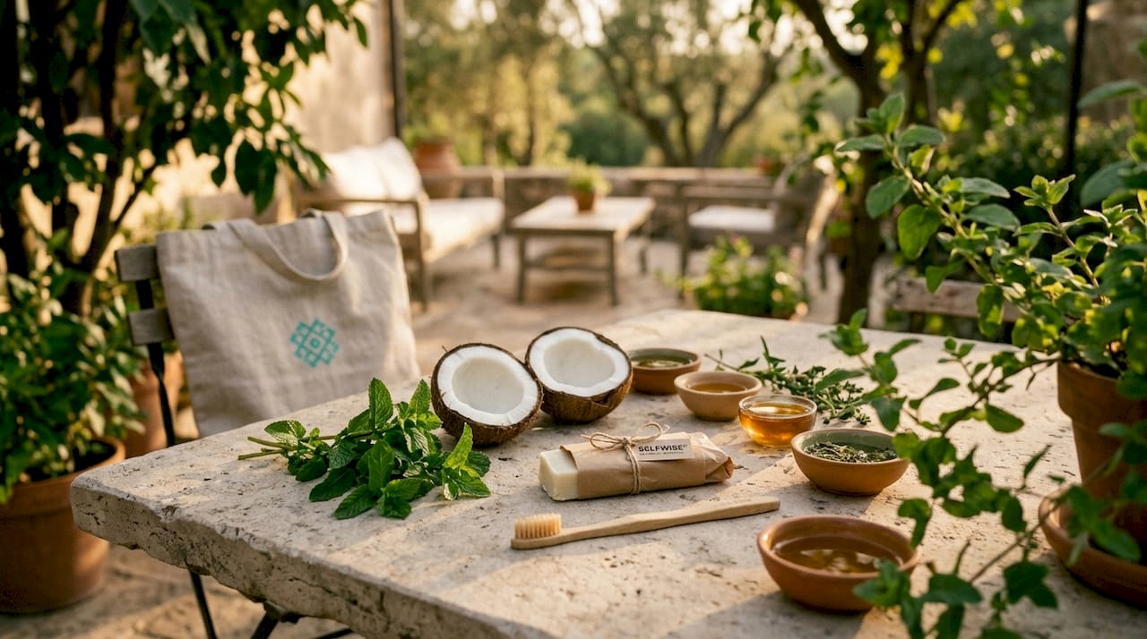 Natural oral care items with mint and coconut on wood