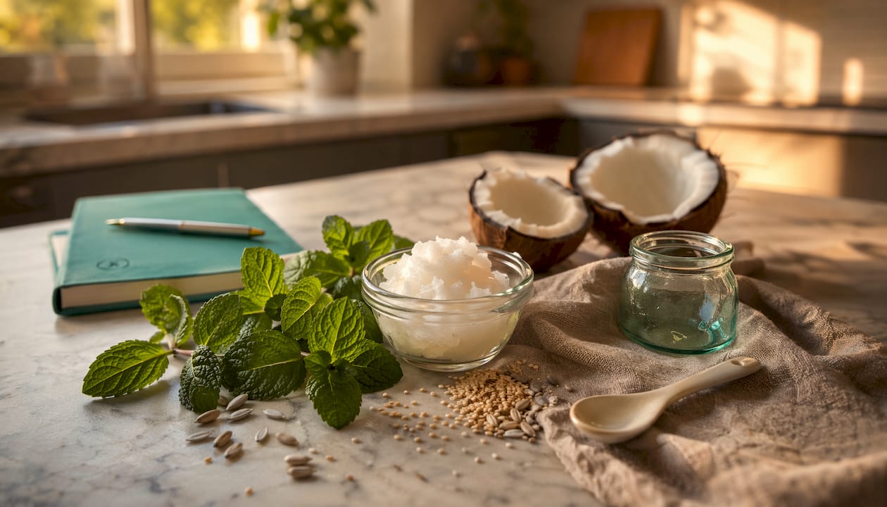 Natural ingredients for oil pulling on wooden table