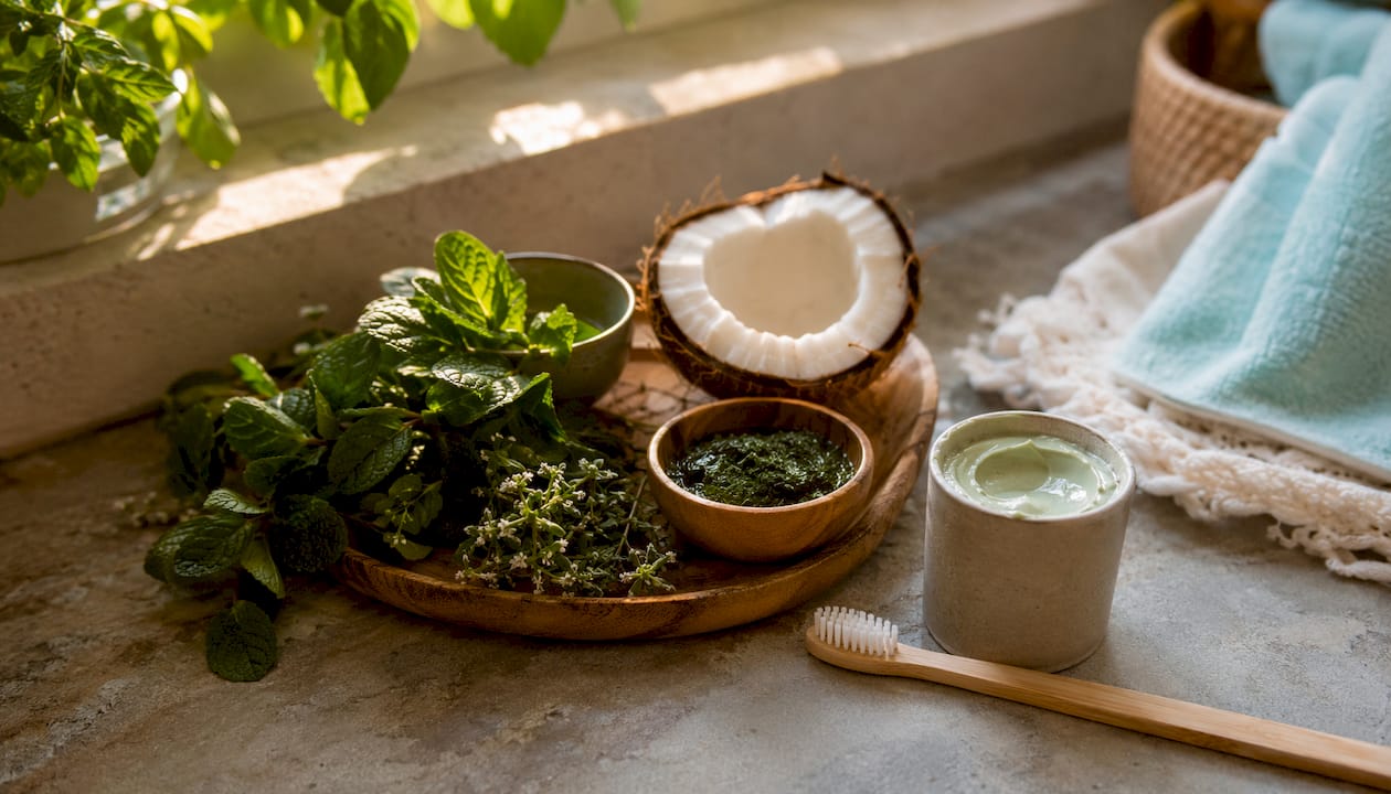 Natural oral care ingredients on wooden table