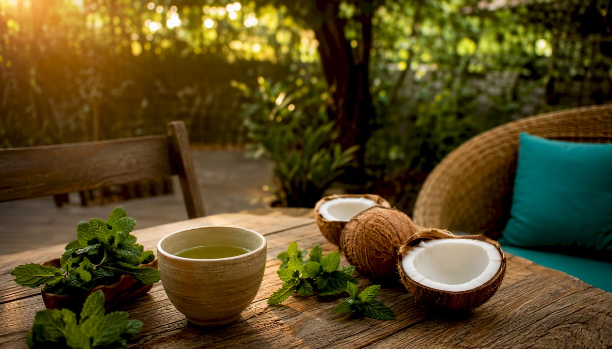 Warm natural tea setup with mint and coconut