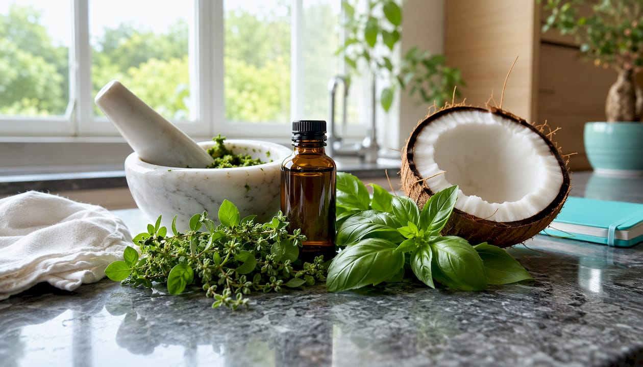 Oregano oil bottle with fresh oregano and mint