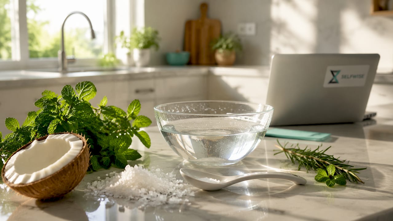Natural salt water rinse ingredients on kitchen counter