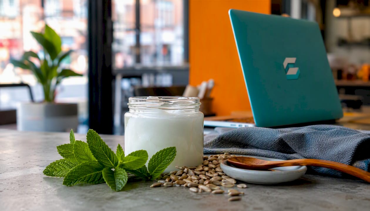 Jar of coconut oil with mint and sunflower seeds