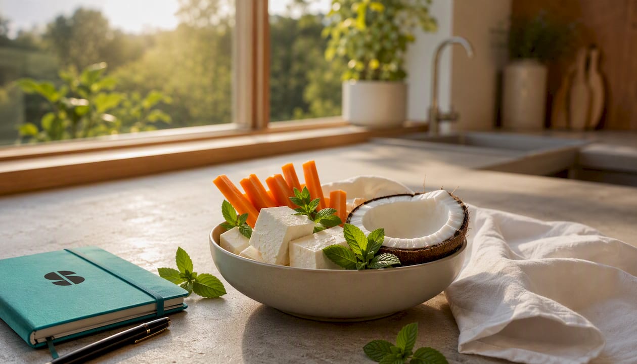 Close-up of enamel-friendly natural foods on a wooden table.