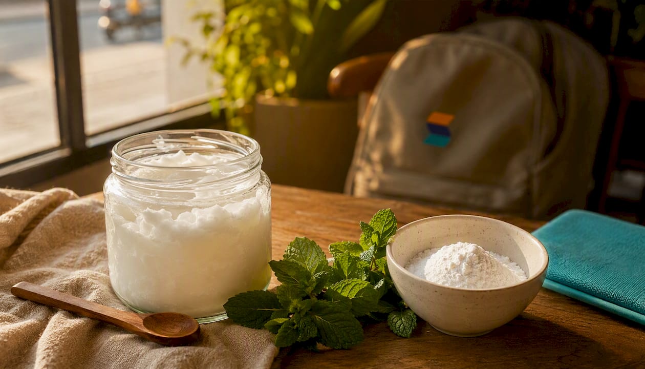 Natural oral care ingredients on wooden table