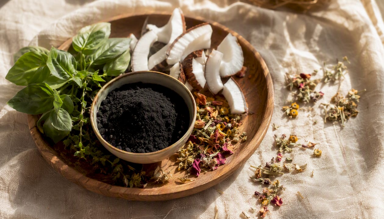 Bowl with charcoal and natural oral care ingredients