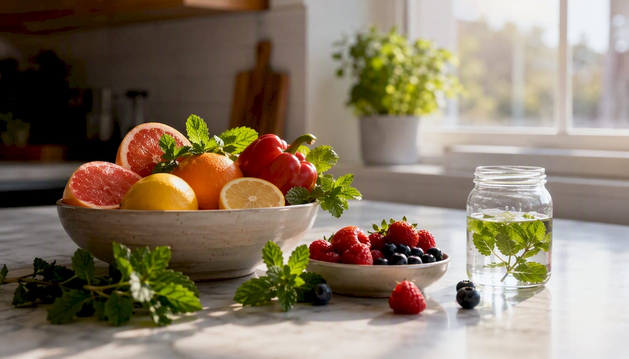 Bowl of fresh citrus fruits and mint leaves
