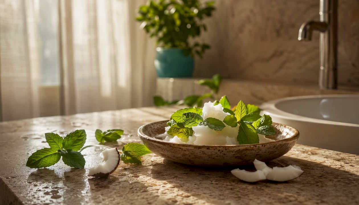 Bowl of coconut oil with fresh mint leaves