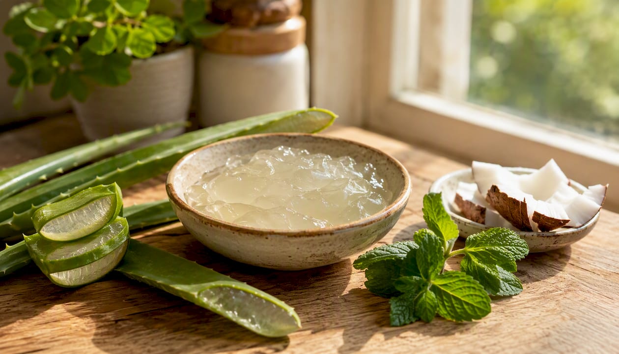 Bowl with aloe vera gel and fresh leaves on wood