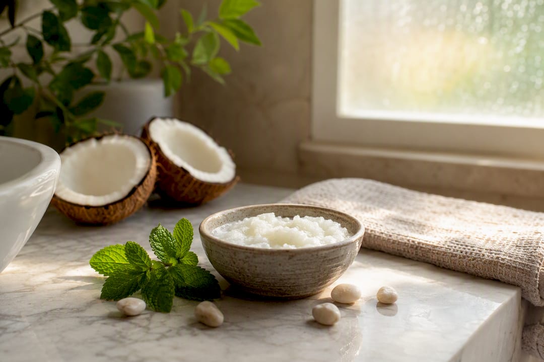 Bowl of coconut oil with mint and coconut