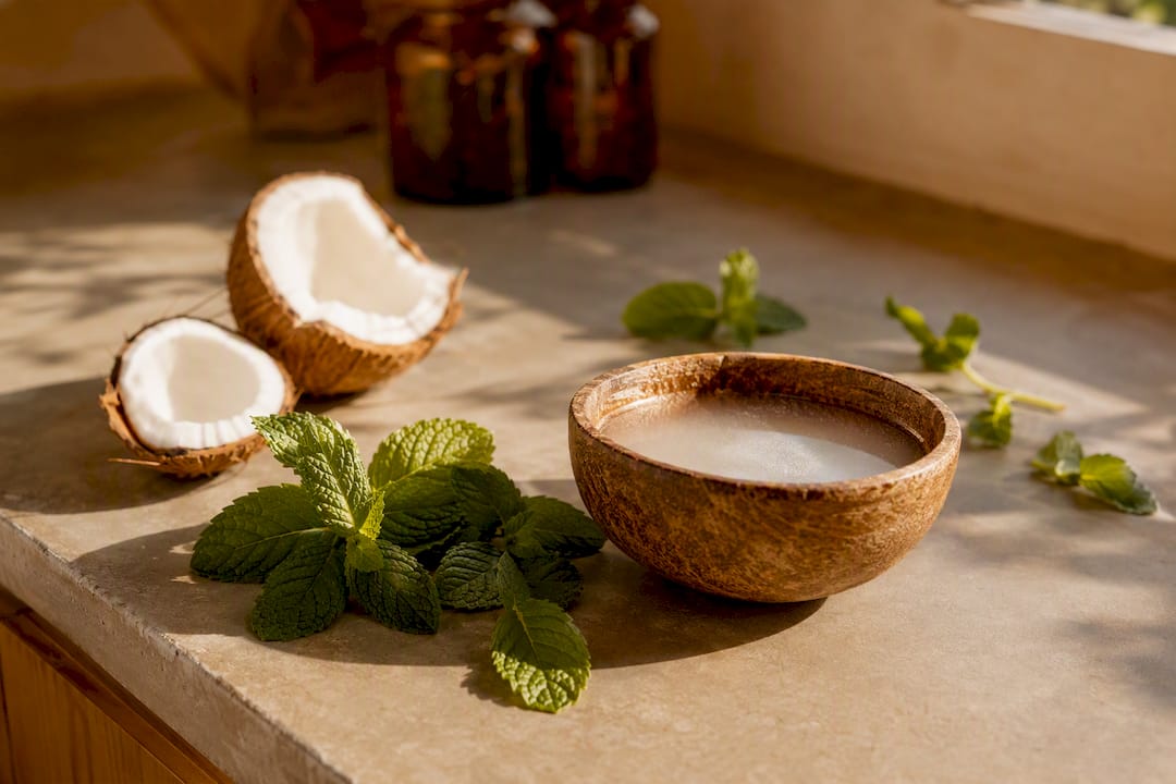 Bowl of melted coconut oil with mint on wooden countertop