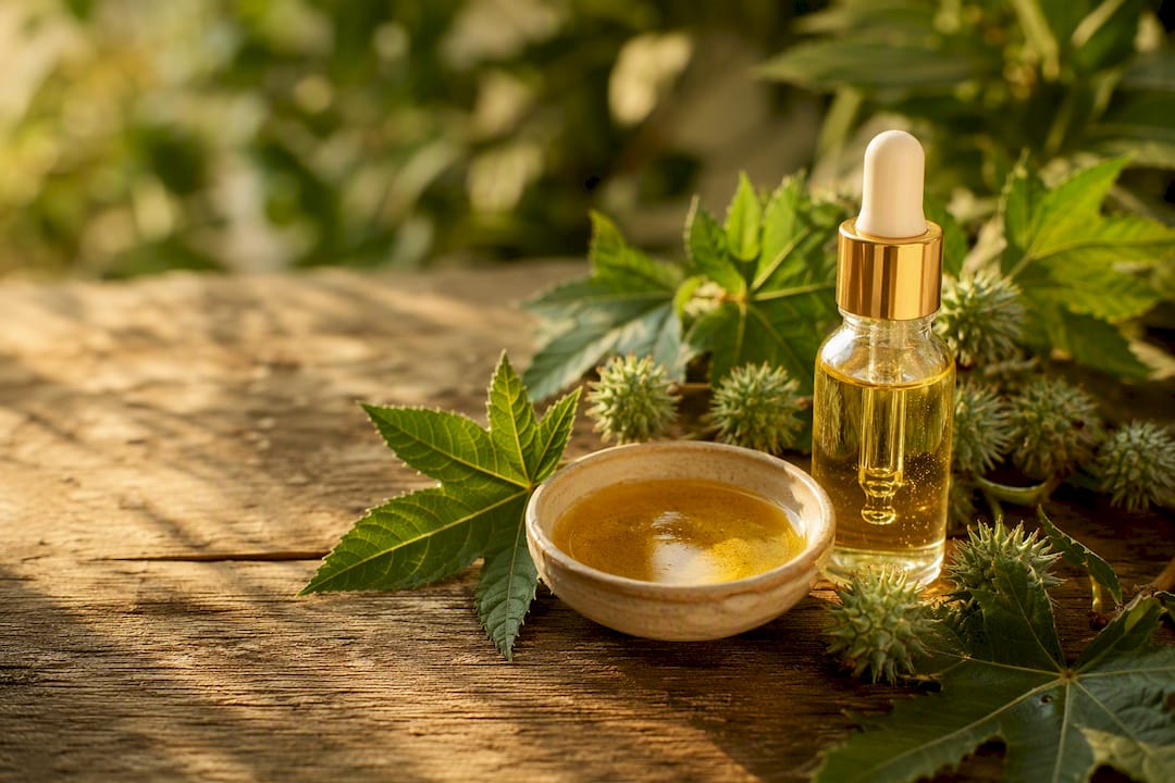 Castor oil and botanical ingredients on bathroom counter