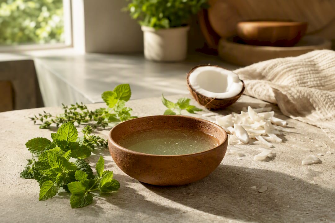 Bowl of natural remineralizing mouthwash with mint and botanicals