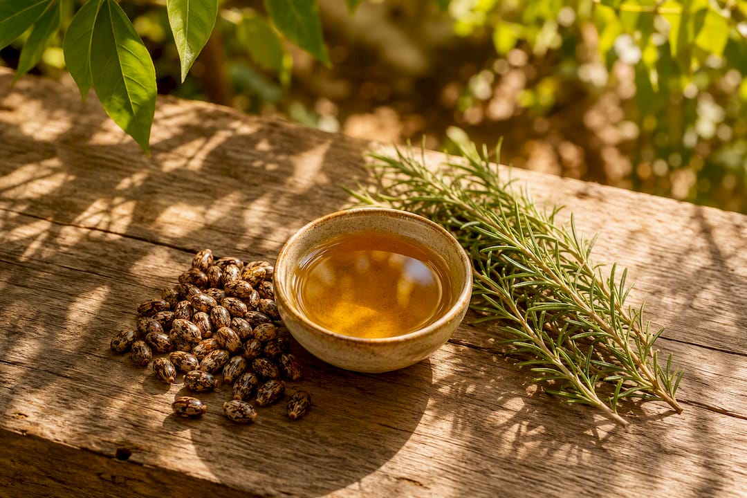 Bowl of castor oil with rosemary and beans