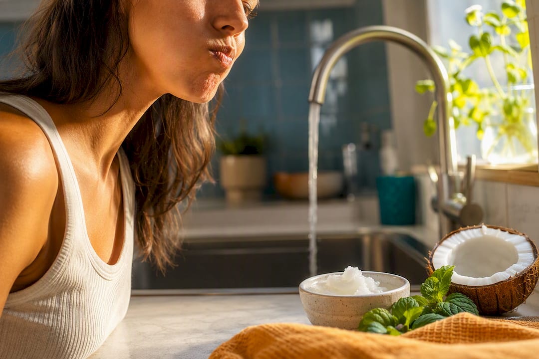 Person practicing oil pulling beside natural ingredients