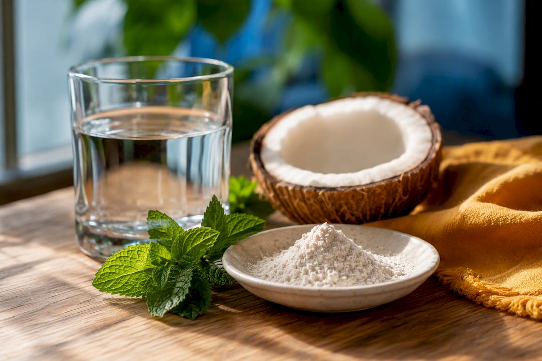 Mineral powder, water, mint, and coconut