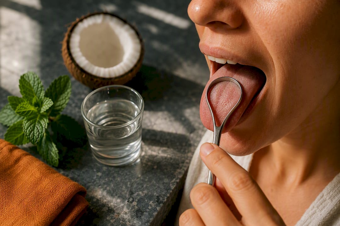 Hand using tongue scraper beside natural rinse