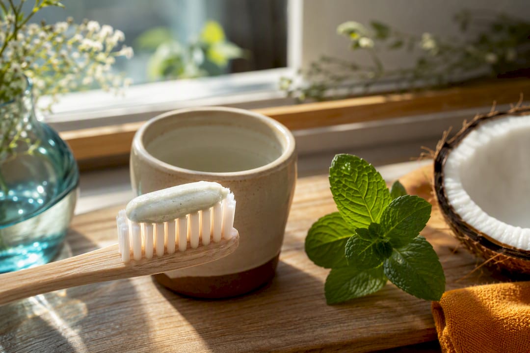 Mineral toothpaste on toothbrush beside mint and coconut