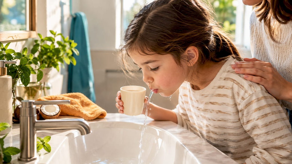 Child practicing safe mouthwash swishing