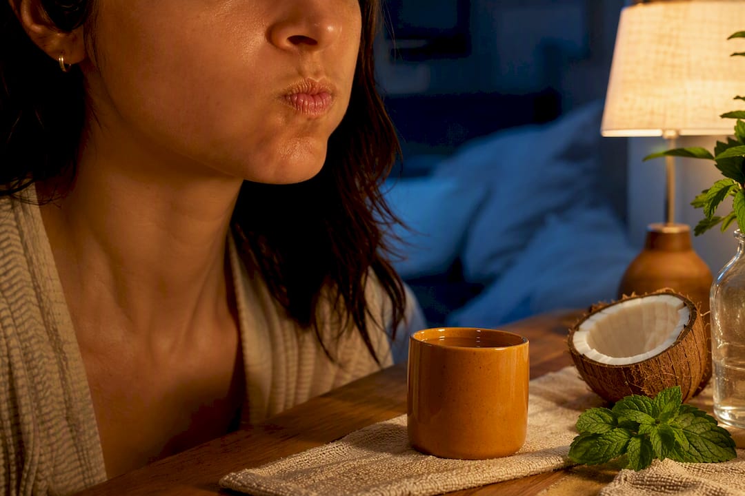 Adult gently swishing oil at bedtime