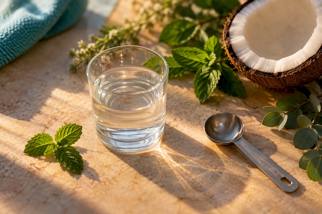 Clear mouthwash rinse with mint and coconut