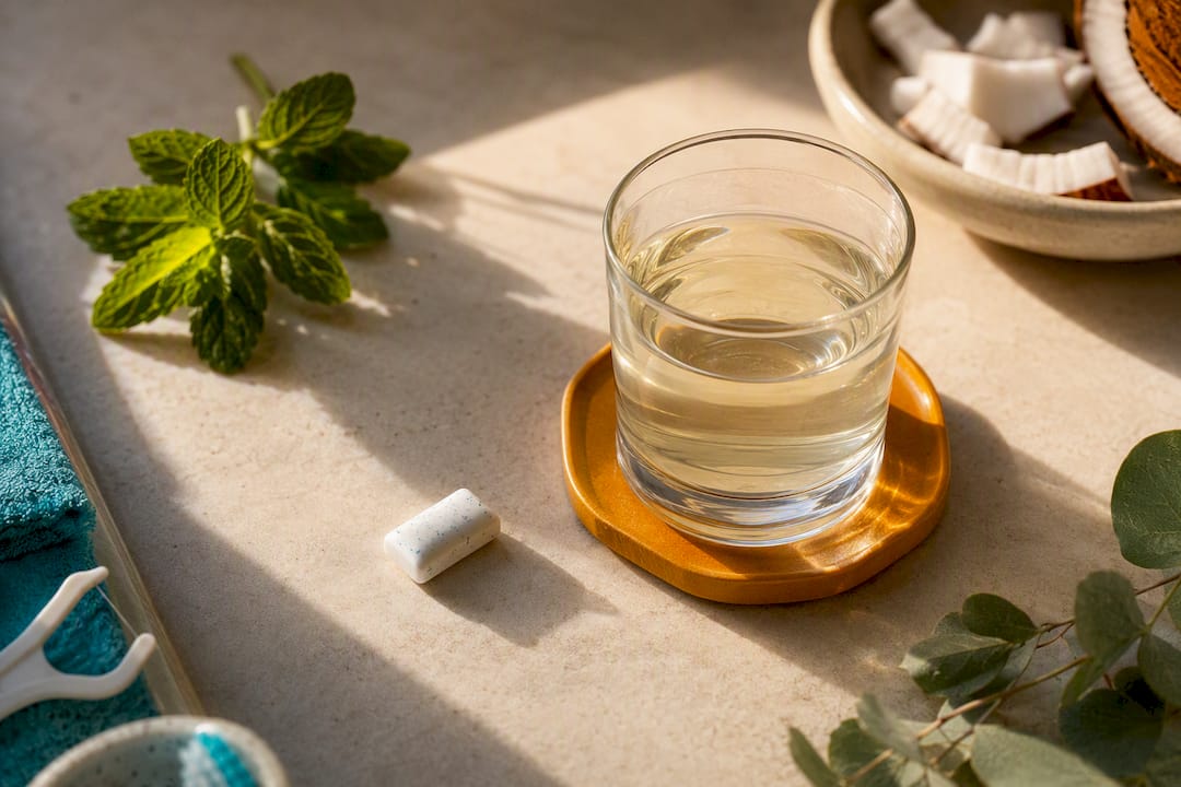 Anonymous gum and herbal rinse beside mint