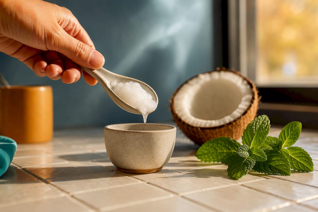 Coconut oil beside mint and rinse cup
