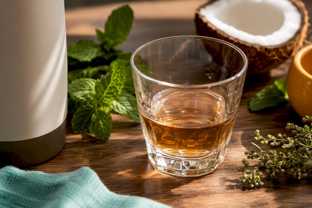 Anonymous mouthwash glass with mint and coconut